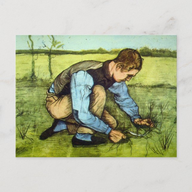 Boy Cutting Grass with Sickle von Vincent van Gogh Postkarte (Vorderseite)