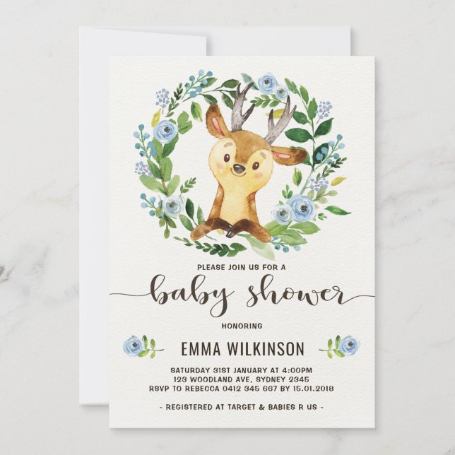 Boy Deer Baby Dusche Einladung Little Buck Wreath (Vorderseite)