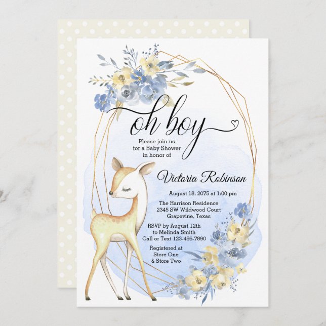 Boy Deer Oh Boy Baby Blue Beige Baby Dusche Einladung (Vorne/Hinten)