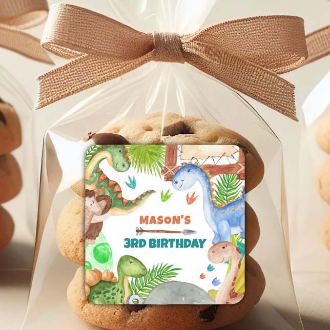 Boy Dinosaur 3rd Birthday Party Quadratischer Aufkleber (Von Creator hochgeladen)