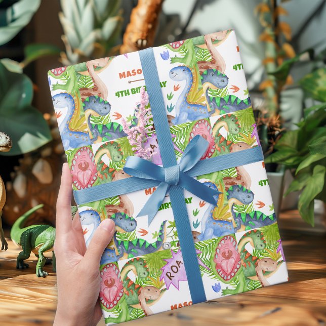 Boy Dinosaur 4th Birthday Invitation Geschenkpapier (Von Creator hochgeladen)