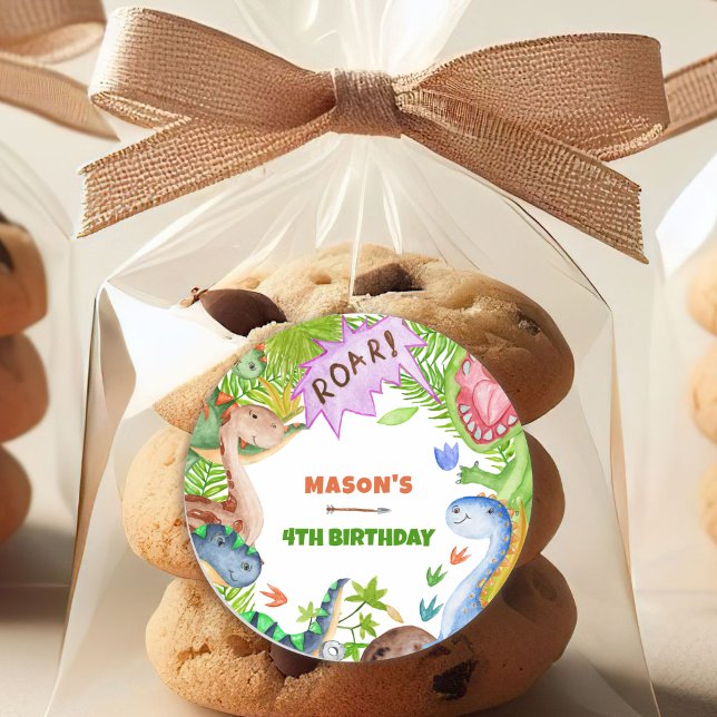 Boy Dinosaur 4th Birthday Invitation Runder Aufkleber (Von Creator hochgeladen)