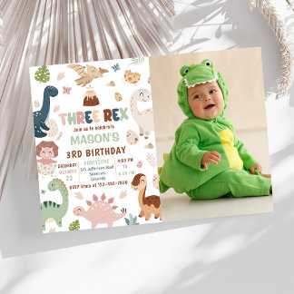 Boy Dinosaur Three Rex 3. Geburtstags-Foto Einladung