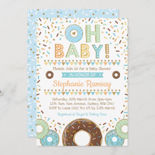 Boy Donut Baby Dusche Sprinkle Einladung Doughnut (Vorne/Hinten)