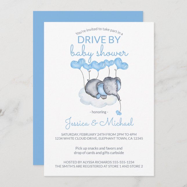 Boy Drive By Baby Shower Blue Elefant auf Cloud Einladung (Vorne/Hinten)