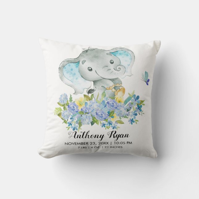 Boy Elephant Baby Birth Stats Pillow Kissen (Vorderseite)