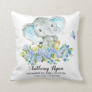 Boy Elephant Baby Birth Stats Pillow Kissen