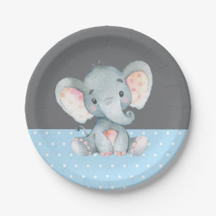 Boy Elephant Baby Dusche Blau und Grau Pappteller