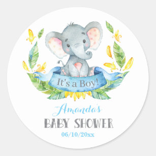 Boy Elephant Baby Dusche Blau und Grau Runder Aufkleber