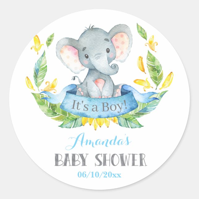 Boy Elephant Baby Dusche Blau und Grau Runder Aufkleber (Vorderseite)