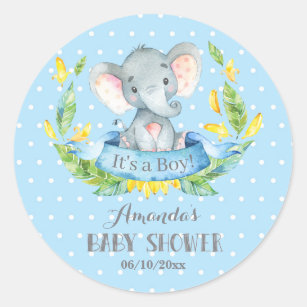 Boy Elephant Baby Dusche Blau und Grau Runder Aufkleber