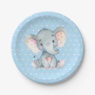 Boy Elephant Baby Dusche Blue Paper Plate Pappteller