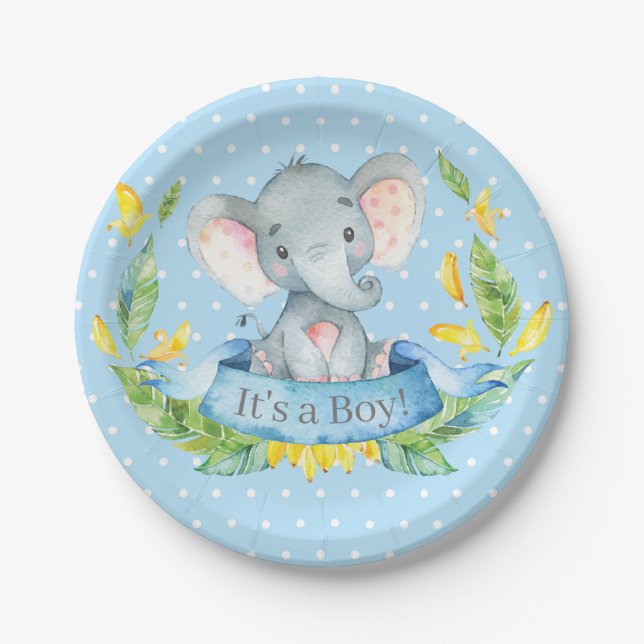 Boy Elephant Baby Dusche Blue Pappteller (Vorderseite)