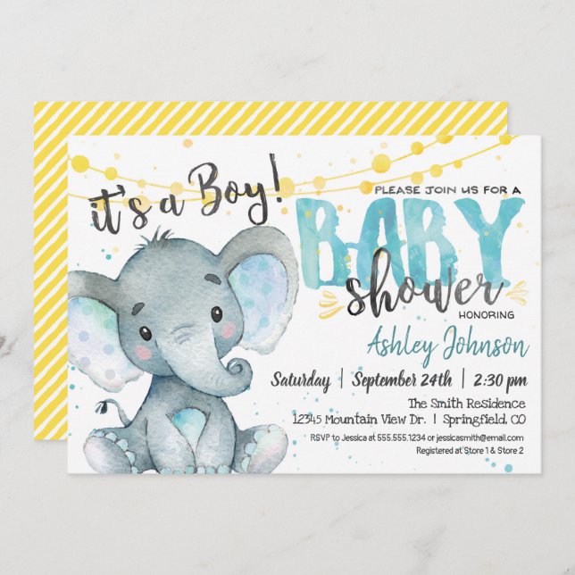 Boy Elephant Baby Dusche Einladung Blau & Gelb (Vorne/Hinten)