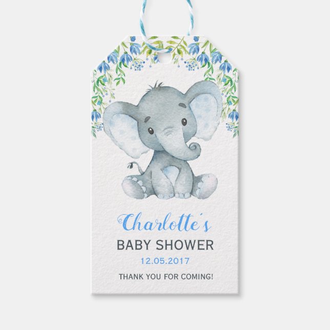 Boy Elephant Baby Dusche Floral Gevor Geschenkmark Geschenkanhänger (Vorderseite)