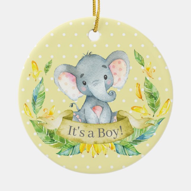 Boy Elephant Baby Dusche gelb Keramik Ornament (Vorne)