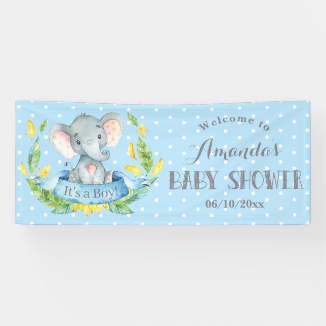 Boy Elephant Baby Shower Blau und Grau Banner (Horizontal)