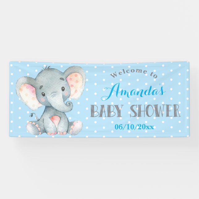 Boy Elephant Baby Shower Blau und Grau Banner (Horizontal)