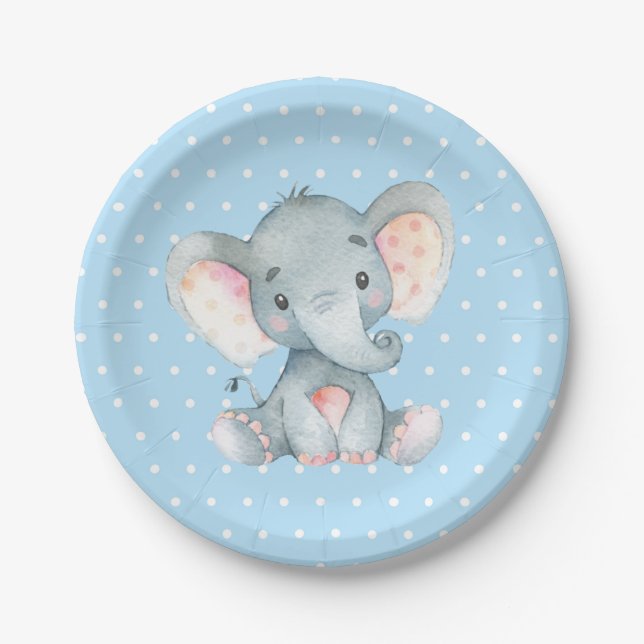 Boy Elephant Baby Shower Blue Paper Plate Pappteller (Vorderseite)