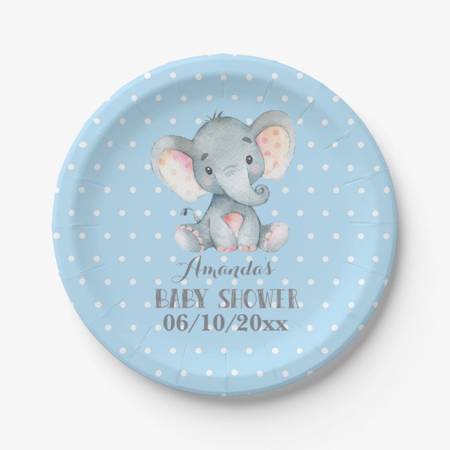 Boy Elephant Baby Shower Blue Paper Plate Pappteller (Vorderseite)
