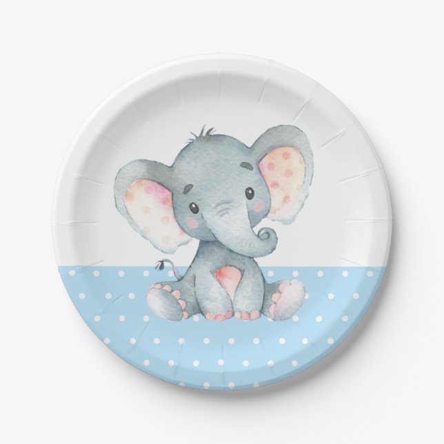 Boy Elephant Baby Shower Blue Paper Plate Pappteller (Vorderseite)