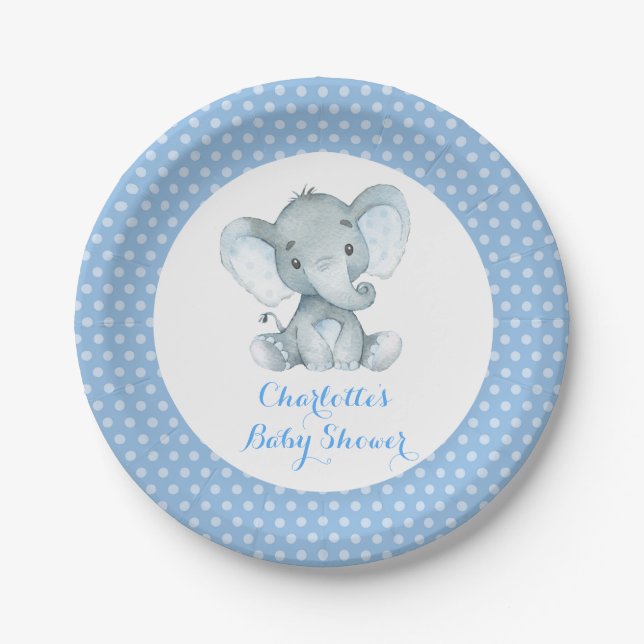 Boy Elephant Baby Shower Blue Party 7" Plättchen Pappteller (Vorderseite)