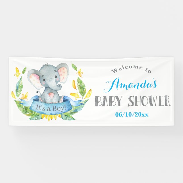 Boy Elephant Baby Shower Blue und Grau Banner (Horizontal)