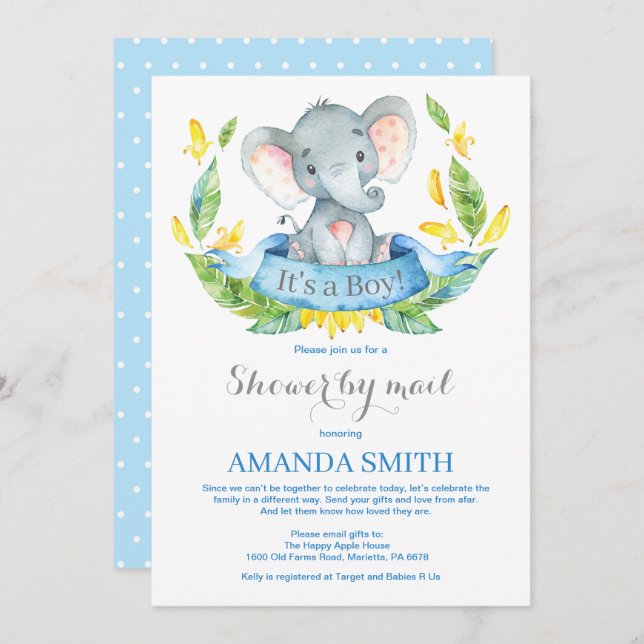 Boy Elephant Baby Shower by Mail Einladung (Vorne/Hinten)