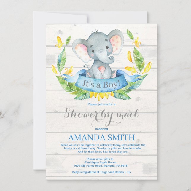 Boy Elephant Baby Shower by Mail Einladung (Vorderseite)