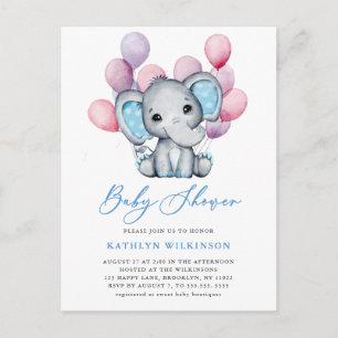Boy Elephant Blue Balloon Script Niedlich Baby Dus Einladungspostkarte