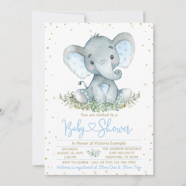 Boy Elephant Blue Gold Baby Dusche Einladung (Vorderseite)