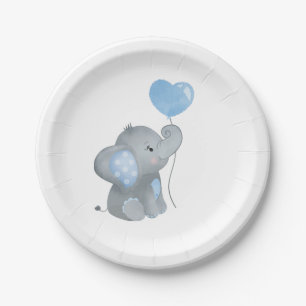 Boy Elephant Blue Watercolor Baby Dusche Pappteller
