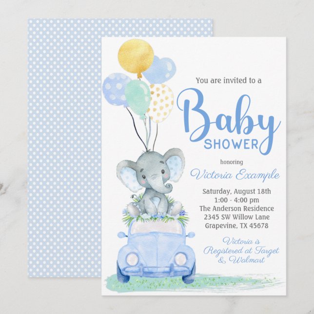 Boy Elephant Car Baby Shower Einladung (Vorne/Hinten)