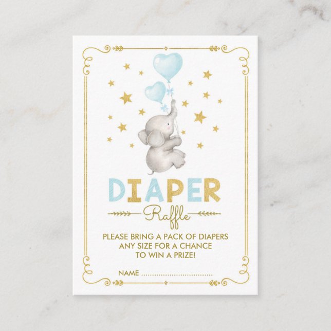 Boy Elephant Diaper Raffle Blue Gold Baby Beilage Begleitkarte (Vorderseite)
