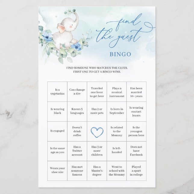 Boy Elephant Eucalyptus Find The Guest Bingo (Vorderseite)