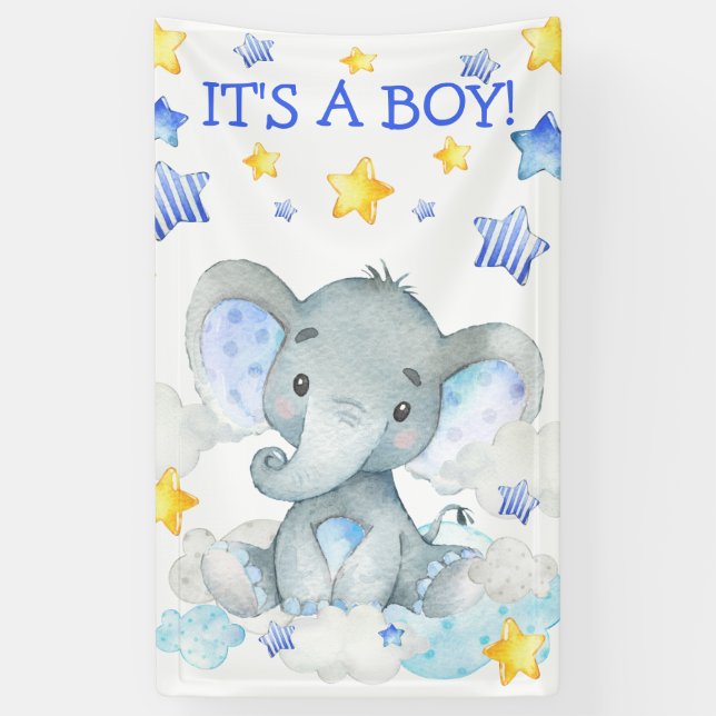 Boy Elephant Niedlich Watercolor Babydusche Banner (Vertikal)