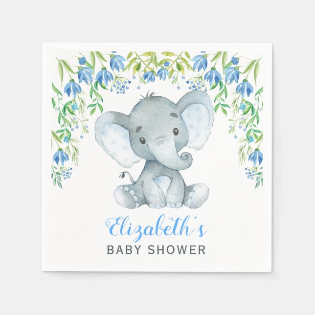 Boy Elephant Paper Napkin Blue Floral Baby Dusche Serviette (Vorderseite)