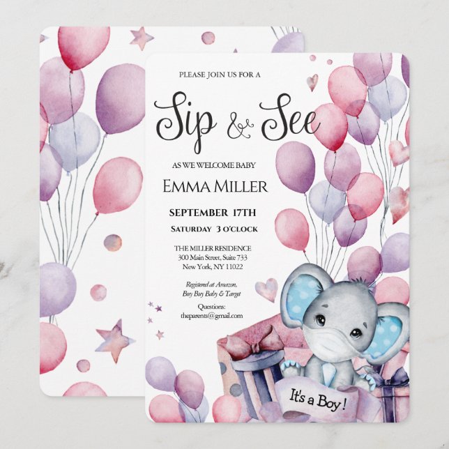 Boy Elephant Pink Balloons Baby Sip & See Einladung (Vorne/Hinten)
