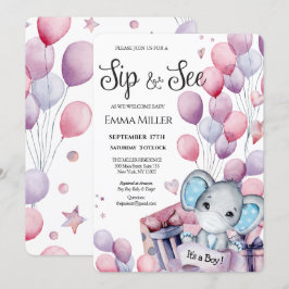 Boy Elephant Pink Balloons Baby Sip & See Einladung