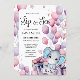 Boy Elephant Pink Balloons Baby Sip & See Einladung