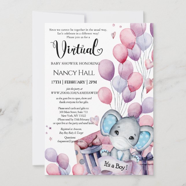 Boy Elephant Pink Balloons Virtual Baby Dusche Einladung (Vorderseite)