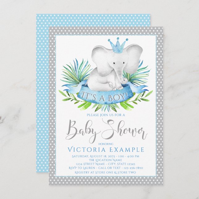 Boy Elephant Prince Baby Shower Einladungen (Vorne/Hinten)