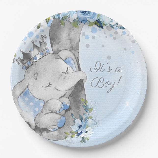 Boy Elephant Prince Babydusche Papierplatte Pappteller (Vorderseite)