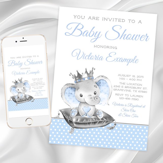 Boy Elephant Prince Elephant Baby Dusche Einladung (Boy Elephant Baby Shower Invitation. Instant download and printed invitations available.)