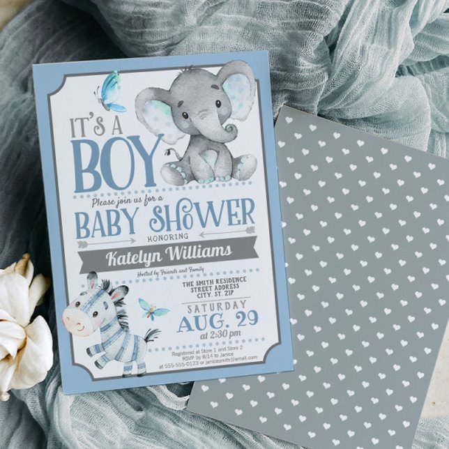 Boy Elephant und Zebra Baby Shower Einladung (Von Creator hochgeladen)
