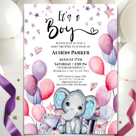 Boy Elephant Watercolor Blue Balloons Baby Dusche Einladung