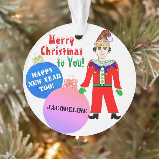 Boy Elf WeihnachtsNAME Blue Pink Ornamente (Baum)