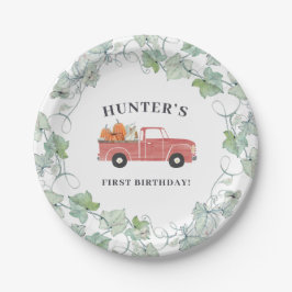 Boy Fall Birthday Red Truck und Pumpkins Pappteller