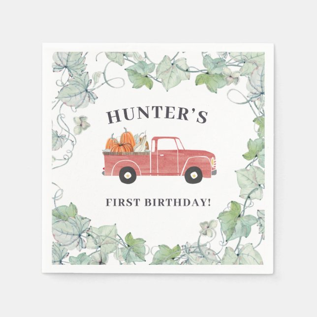 Boy Fall Birthday Red Truck und Pumpkins Serviette (Vorderseite)