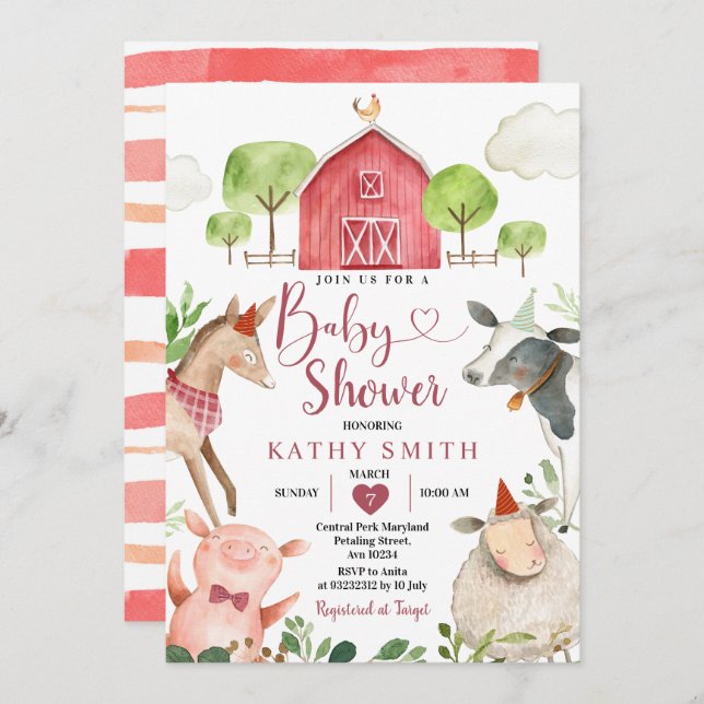 Boy Farm Animals Barnyard Baby Dusche Einladung (Vorne/Hinten)